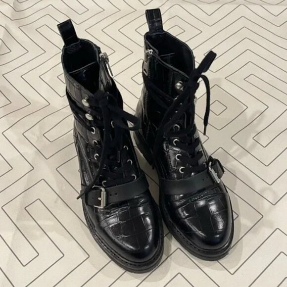 All Saints Embossed Crocodile Black Leather Combat Boots, Size 38 - Picture 4 of 10